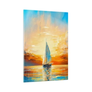 Quadro su vetro - Una barca a vela sullo sfondo del sole al tramonto e delle nuvole colorate - 80x120cm - Navigando nell'oro - Decorazione murale moderna per soggiorno e camera da letto ARTTOR