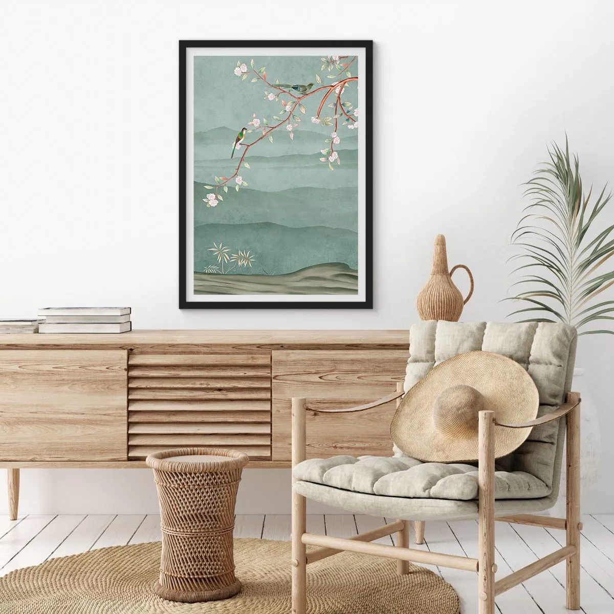 Poster in cornice nera - Uccelli su un ramo fiorito che domina le colline - 50x70cm - Eccoti primavera - Decorazione murale moderna per soggiorno e camera da letto ARTTOR