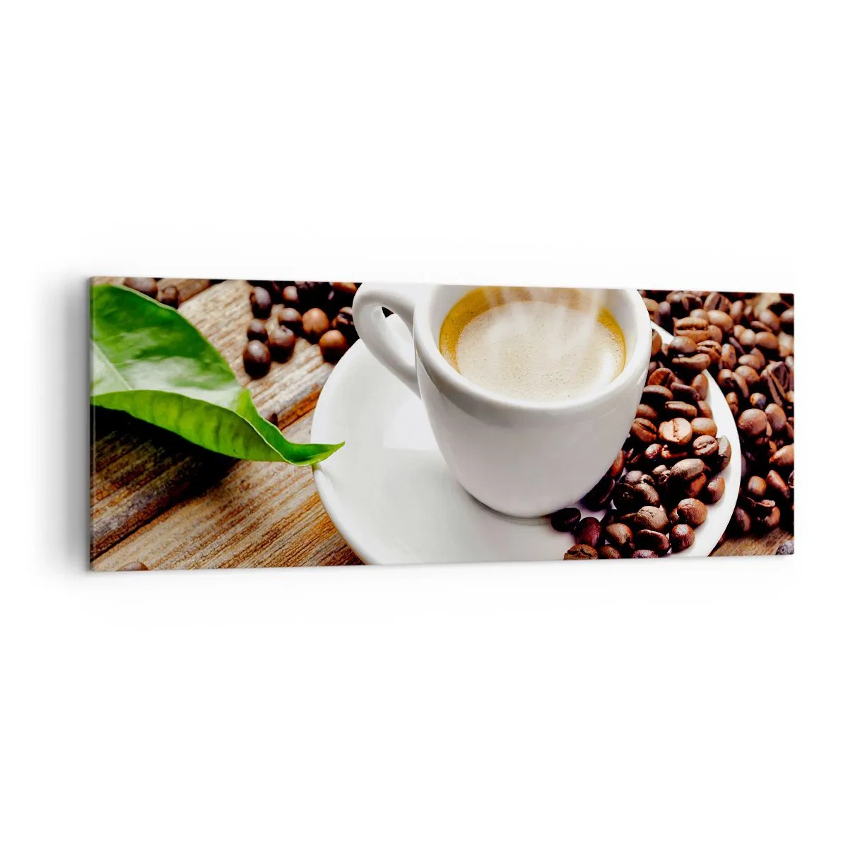 Quadro su tela - Stampe su Tela - Una tazza di caffè aromatico sullo sfondo di chicchi e una foglia - 140x50cm - Il caffè è pronto - Decorazione murale moderna per soggiorno e camera da letto ARTTOR