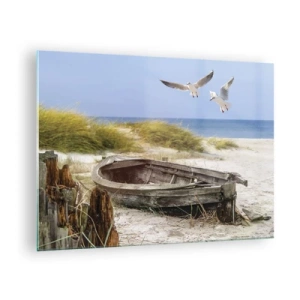 Quadro su vetro - Barca di legno sulla spiaggia con gabbiani in volo - 70x50cm - Bagnate dal vento - Decorazione murale moderna per soggiorno e camera da letto ARTTOR