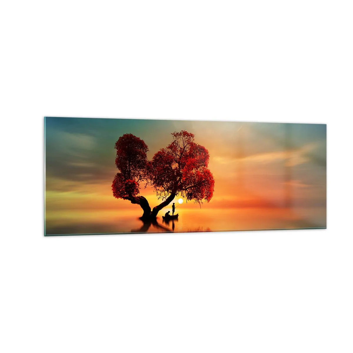 Quadro su vetro - Un albero dalle foglie rosse e una barca sull'acqua al tramonto - 140x50cm - Gli esiliati e il silenzio fuori dal mondo - Decorazione murale moderna per soggiorno e camera da letto ARTTOR