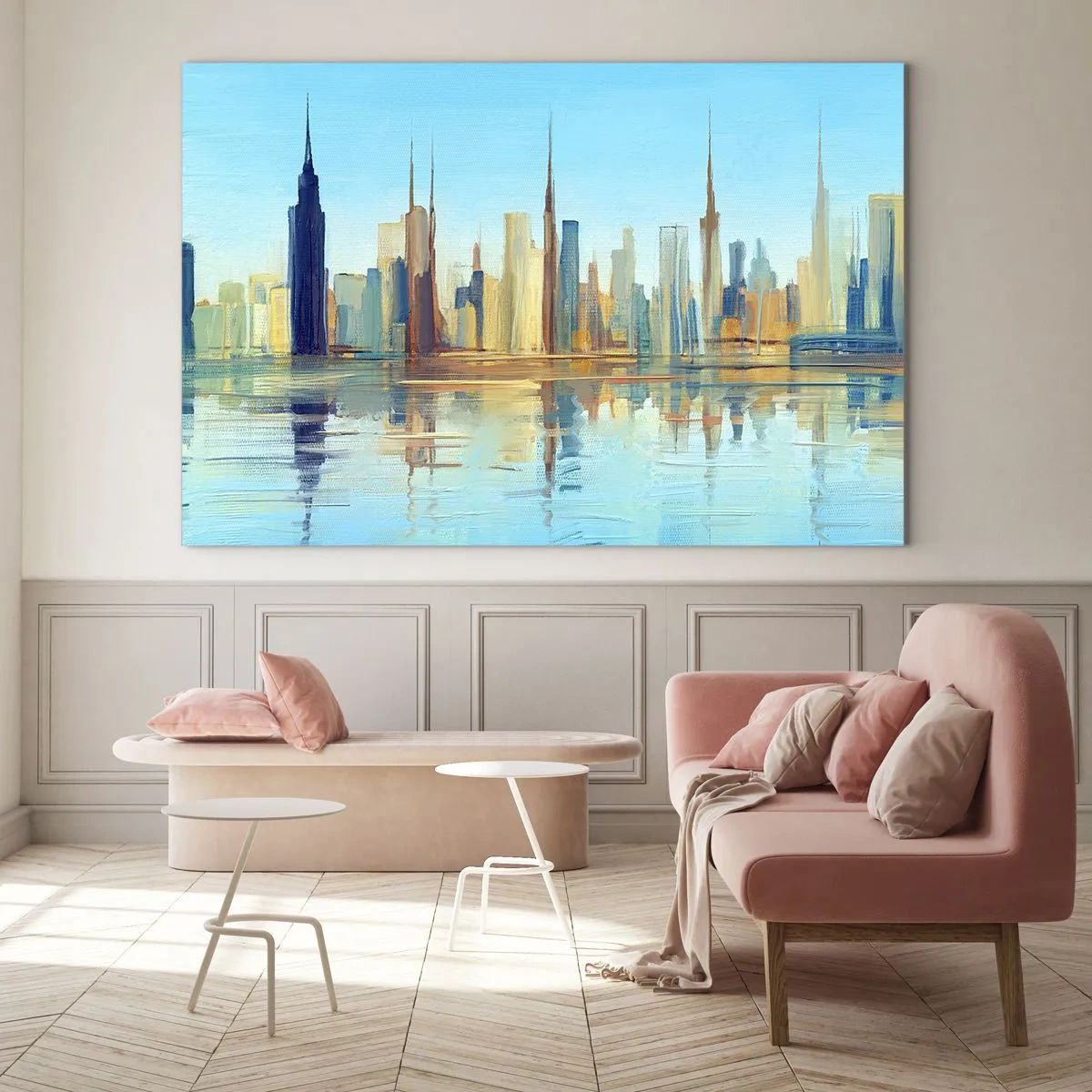 Quadro su vetro - Un panorama della metropoli riflesso nell'acqua sotto un cielo azzurro - 120x80cm - Metropoli assolata - Decorazione murale moderna per soggiorno e camera da letto ARTTOR