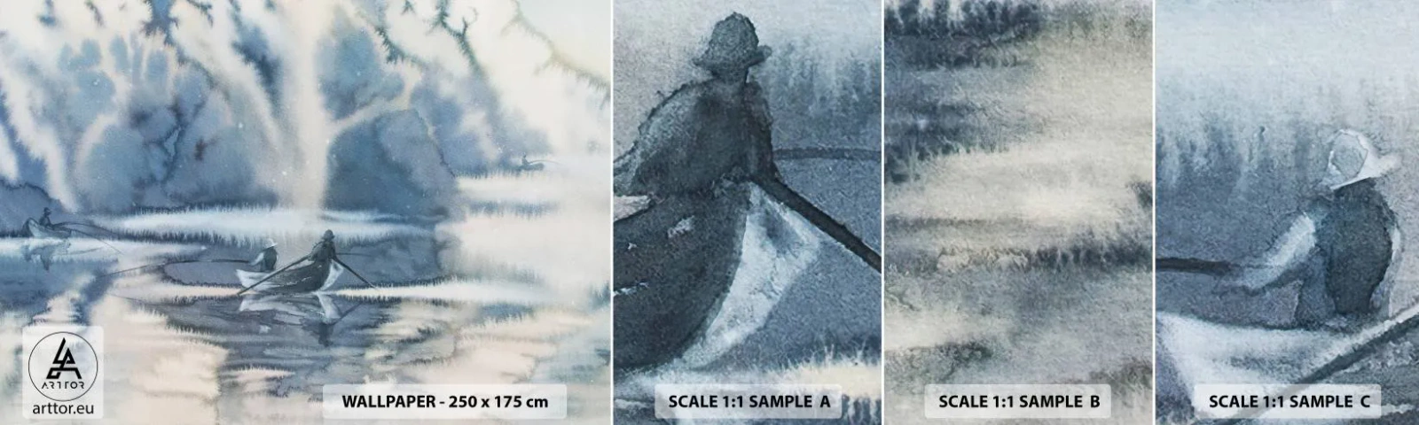 Campione di Fotomurale Adesivo Deluxe Sticker - I pescatori nel loro paradiso - Astrazione, Lago, Pesca - 100x30 cm