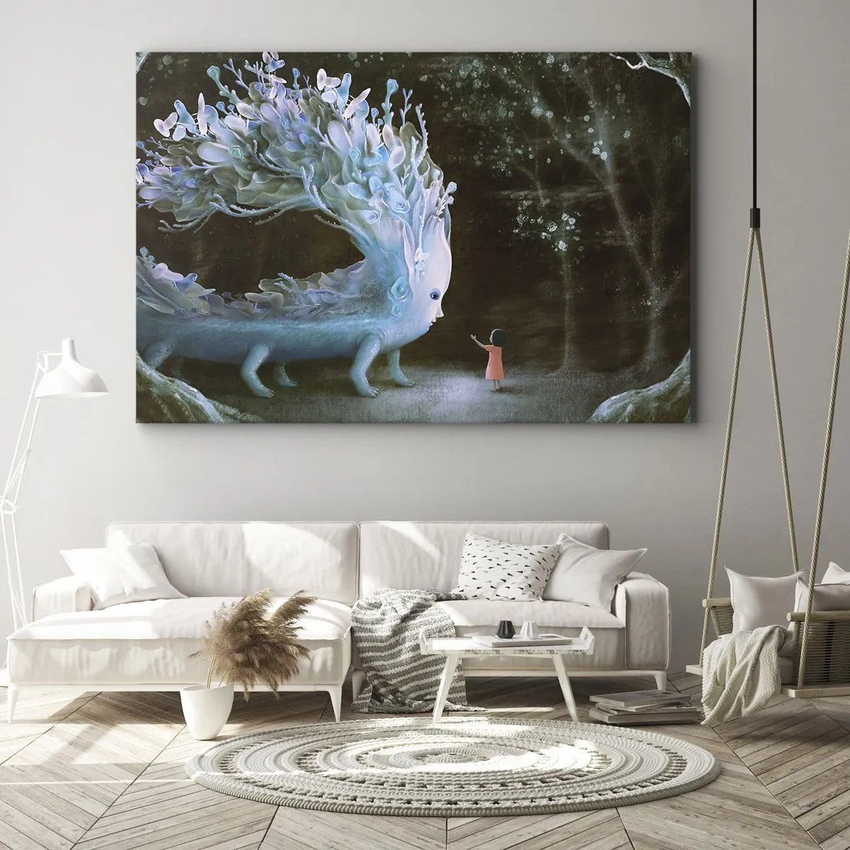 Quadro su tela - Stampe su Tela - La figura di una ragazza di fronte a una creatura fantastica - 100x70cm - Incontro fantastico - Decorazione murale moderna per soggiorno e camera da letto ARTTOR