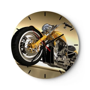 Orologio da parete - Orologio in Vetro - Una motocicletta elegante nei toni dell'oro e del cromo - 30x30cm - Sogno di forza e di velocità - Decorazione murale moderna per soggiorno, cucina e camera da letto ARTTOR