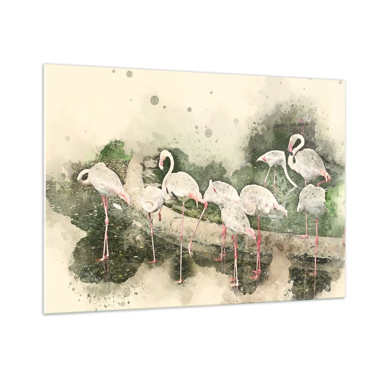 Quadro su vetro - Fenicotteri sullo sfondo di una composizione ad acquerello - 100x70cm - Sogno esotico - Decorazione murale moderna per soggiorno e camera da letto ARTTOR
