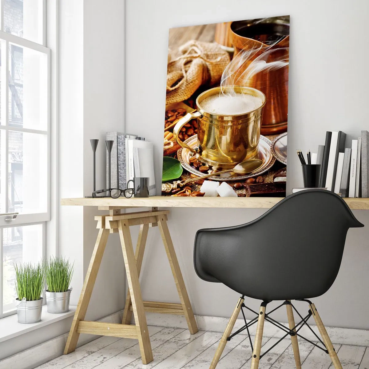 Quadro su vetro - Una tazza di caffè dorata circondata da chicchi, brocche e croissant - 70x100cm - Buona giornata! - Decorazione murale moderna per soggiorno e camera da letto ARTTOR