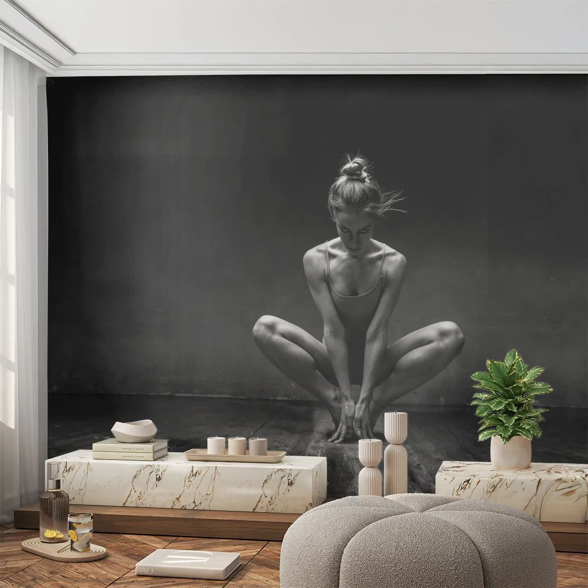 Fotomurali Autoadesivo Deluxe Sticker - La concentrazione dell'energia della danza - Ballerino, Donna, Bianco e nero - 250x175 cm