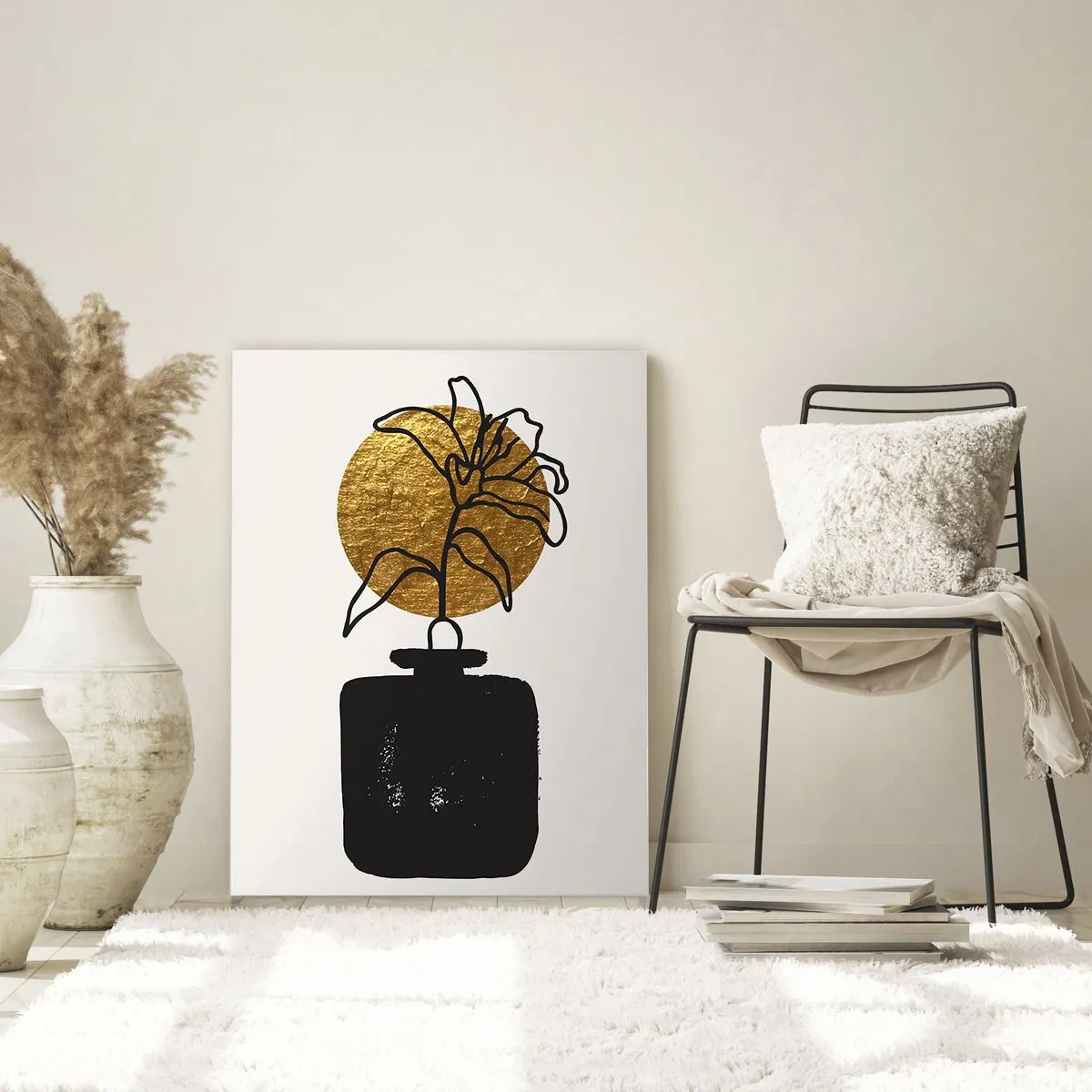 Quadro su vetro - Un disegno di un fiore in un vaso su uno sfondo di cerchi dorati - 70x100cm - Bellezza a peso d'oro - Decorazione murale moderna per soggiorno e camera da letto ARTTOR