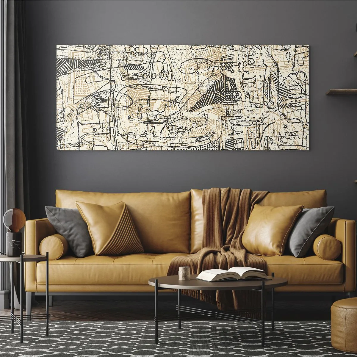 Quadro su vetro - Motivi astratti e linee su uno sfondo beige - 160x50cm - In attesa di essere decifrato - Decorazione murale moderna per soggiorno e camera da letto ARTTOR