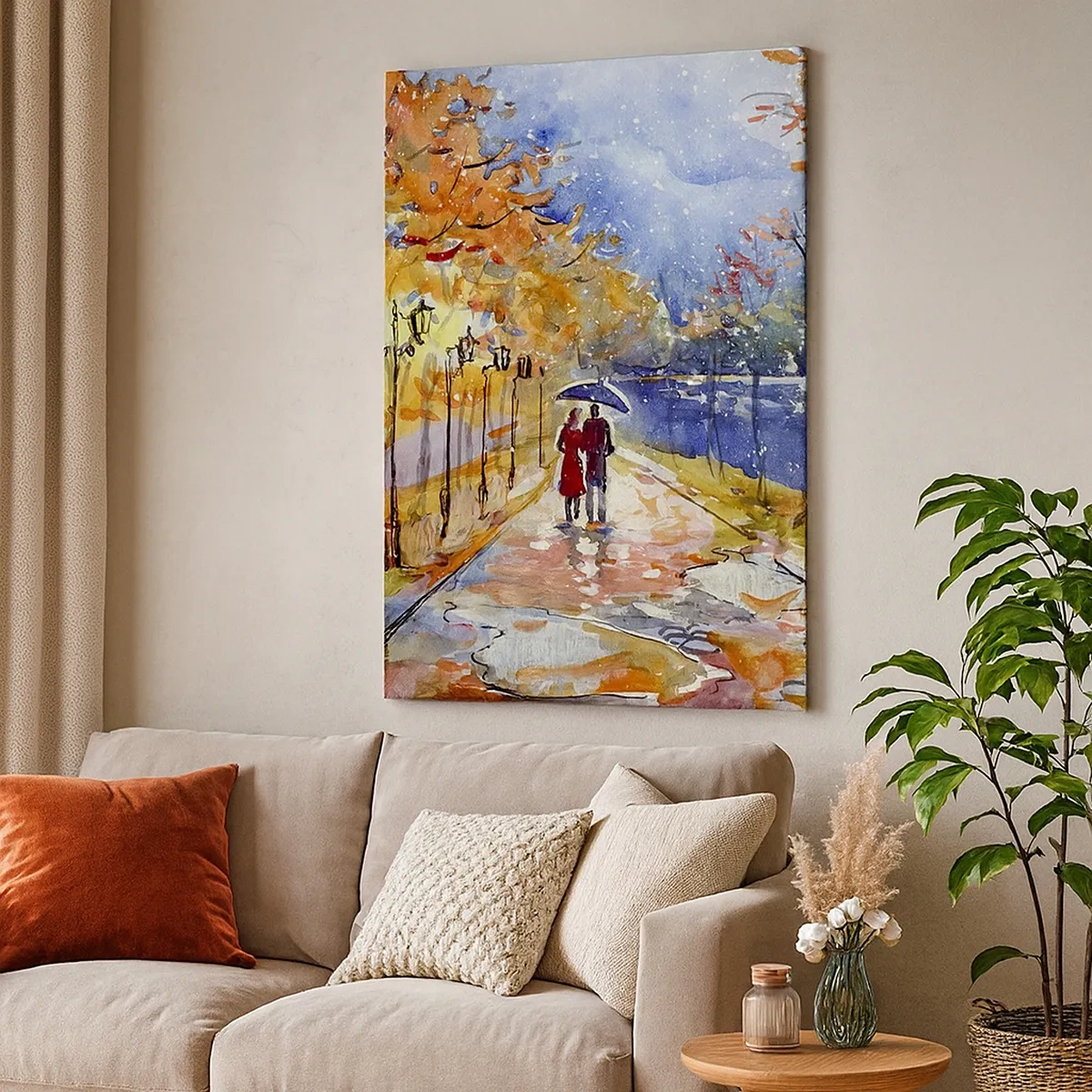 Quadro su tela - Stampe su Tela - Una passeggiata autunnale nel parco sulla riva del fiume sotto l'ombrellone - 50x70cm - Insieme fino ai confini del tempo - Decorazione murale moderna per soggiorno e camera da letto ARTTOR