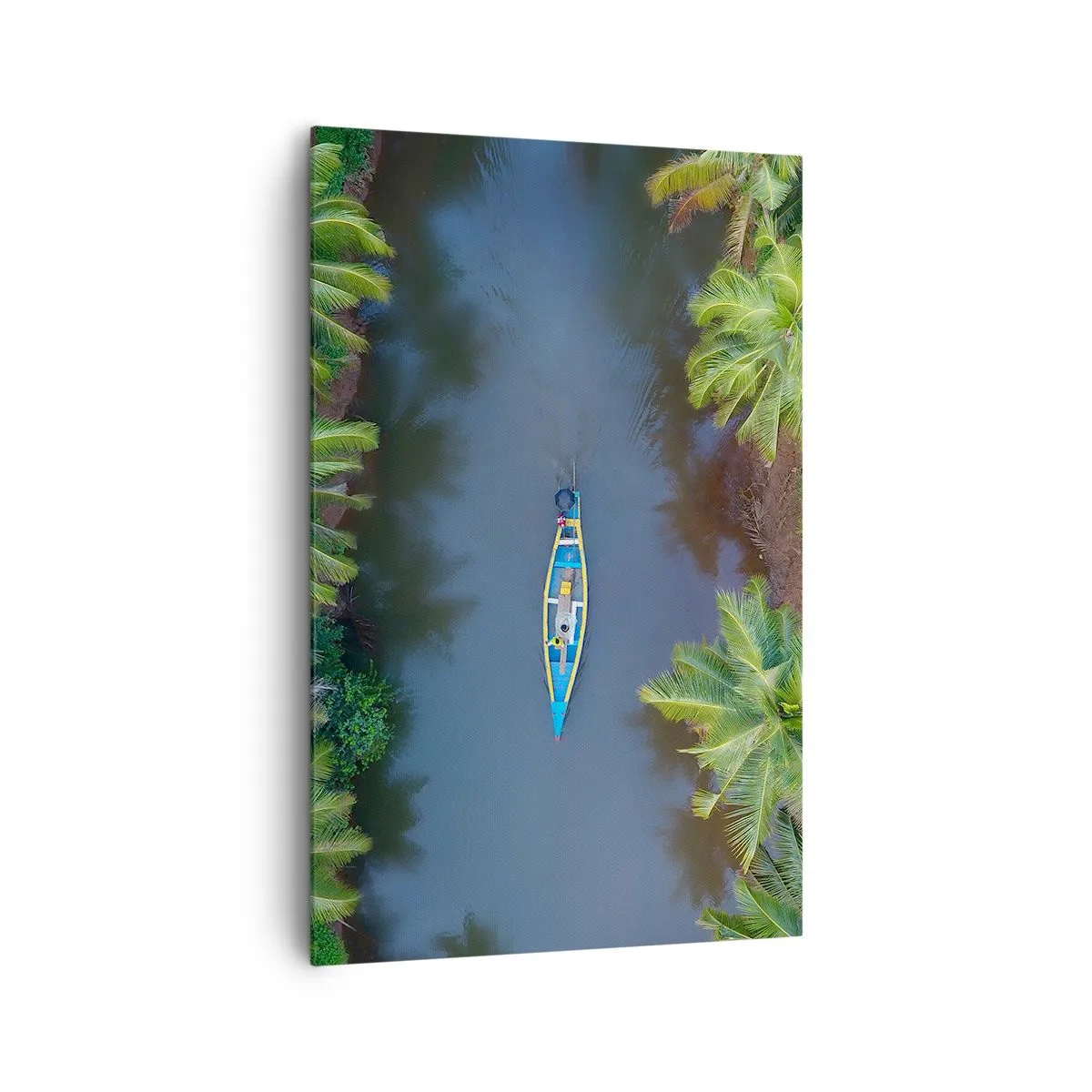 Quadro su tela - Stampe su Tela - Vista a volo d'uccello di una barca su un fiume circondata da palme - 80x120cm - Sul percorso tropicale - Decorazione murale moderna per soggiorno e camera da letto ARTTOR