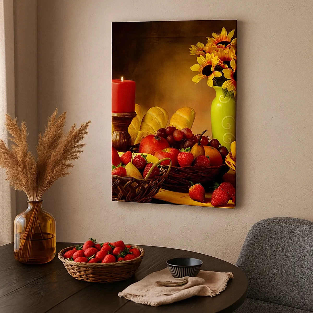 Quadro su tela - Stampe su Tela - Natura morta con frutta, pane, candela e fiori - 50x70cm - Natura morta con pane e frutta - Decorazione murale moderna per soggiorno e camera da letto ARTTOR