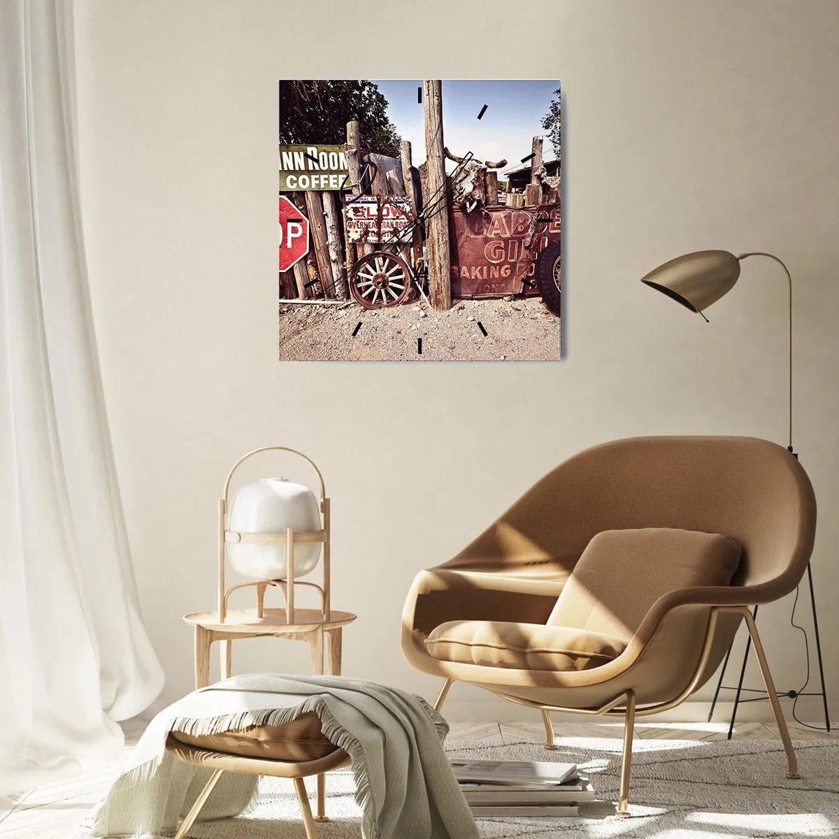 Orologio da parete - Orologio in Vetro - Decorazioni rustiche con cartelli e una ruota sulla recinzione - 30x30cm - E il tempo si è fermato - Decorazione murale moderna per soggiorno e camera da letto ARTTOR