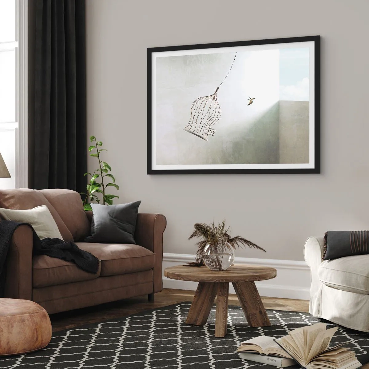 Poster in cornice nera - Un uccello liberato da una gabbia sullo sfondo di un cielo luminoso - 70x50cm - Nel proprio elemento - Decorazione murale moderna per soggiorno e camera da letto ARTTOR