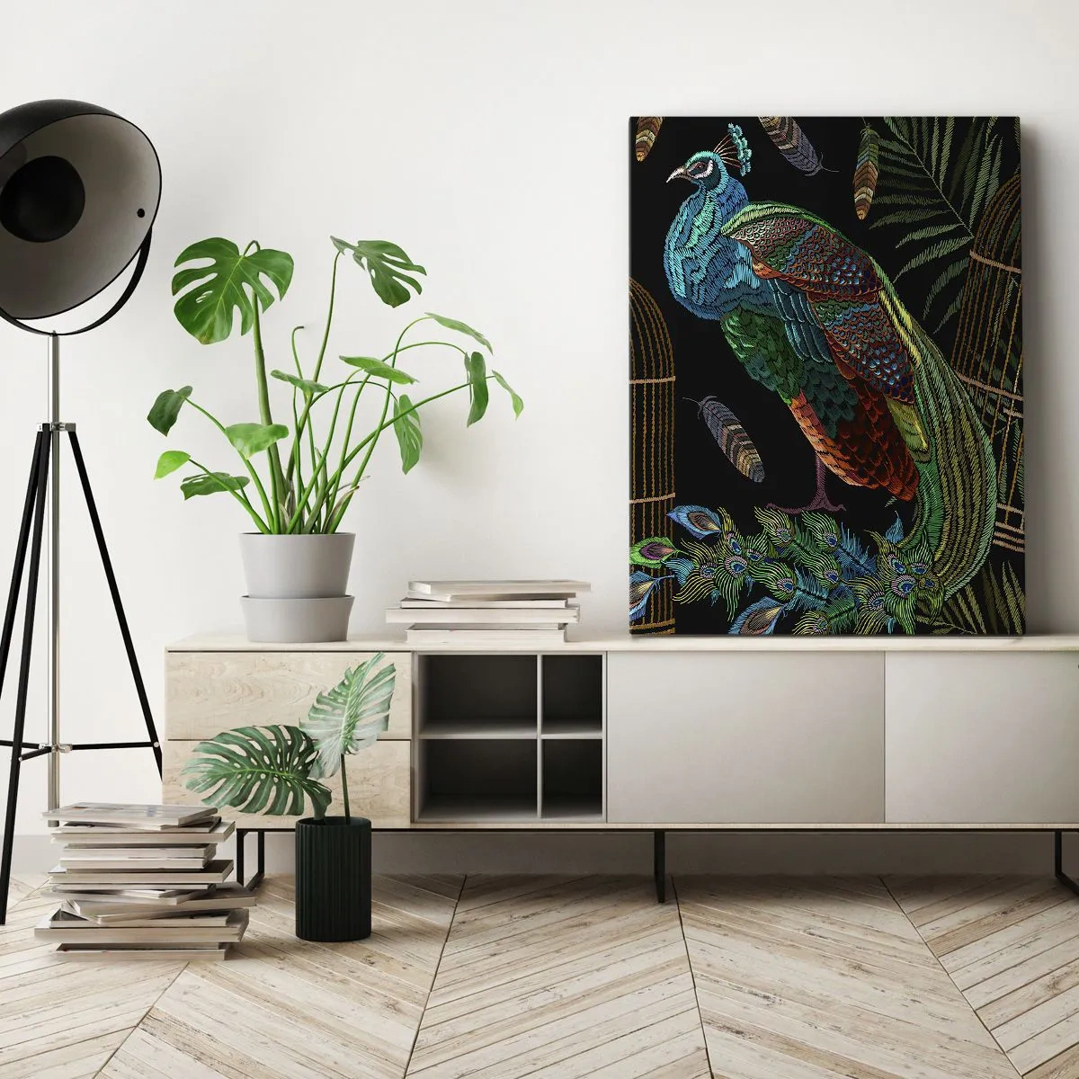 Quadro su tela - Stampe su Tela - Pavoni accanto a una gabbia dorata su sfondo nero - 50x70cm - Con gli abiti reali - Decorazione murale moderna per soggiorno e camera da letto ARTTOR
