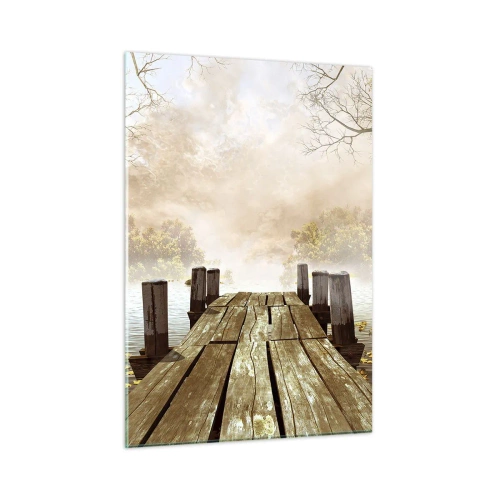 Quadro su vetro - Un molo di legno su un lago calmo nella nebbia - 50x70cm - La mite melanconia autunnale - Decorazione murale moderna per soggiorno e camera da letto ARTTOR