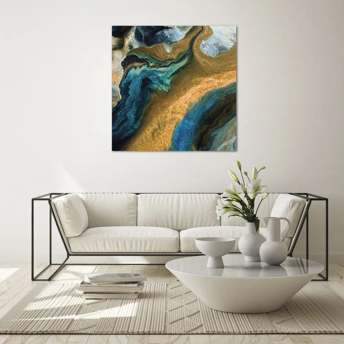 Quadro su vetro - Blu-oro: influenza reciproca - 30x30 cm