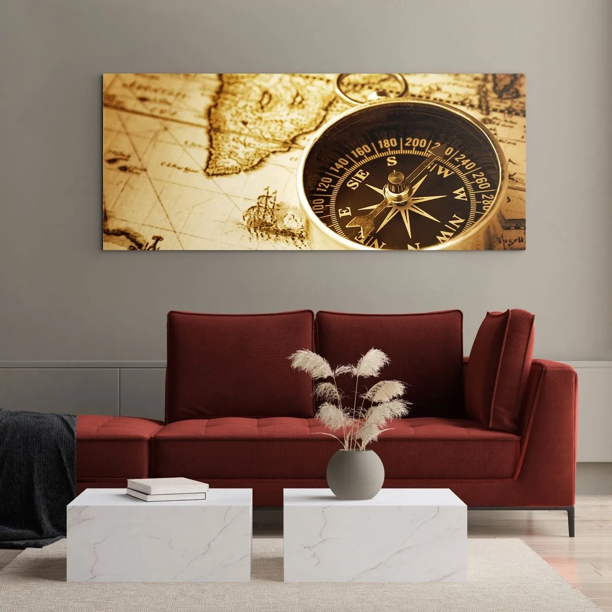 Quadro su vetro - Una bussola antica sullo sfondo di una vecchia mappa del mondo - 120x50cm - A est o a ovest? - Decorazione murale moderna per soggiorno e camera da letto ARTTOR