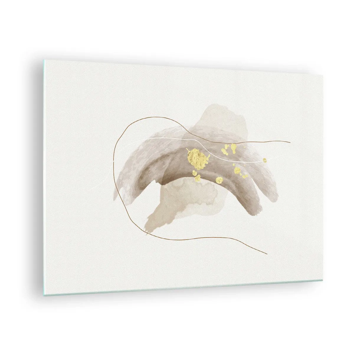 Quadro su vetro - Astrazione beige e oro con linee e forme delicate - 70x50cm - Incontro nello spazio - Decorazione murale moderna per soggiorno e camera da letto ARTTOR