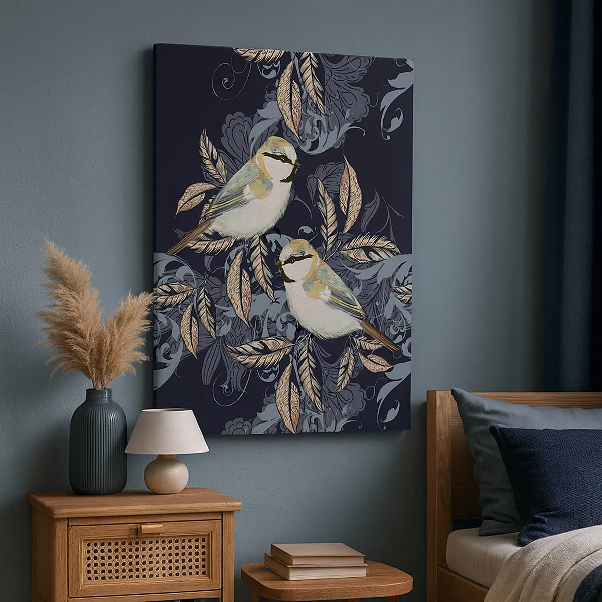 Quadro su tela - Stampe su Tela - Uccelli sui rami in uno sfondo ornamentale - 50x70cm - Cinguettio oro e blu - Decorazione murale moderna per soggiorno e camera da letto ARTTOR