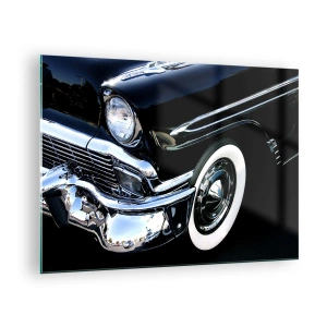 Quadro su vetro - Primo piano di un'auto nera d'epoca con dettagli cromati - 70x50cm - Classicità in argento, nero e bianco - Decorazione murale moderna per soggiorno e camera da letto ARTTOR