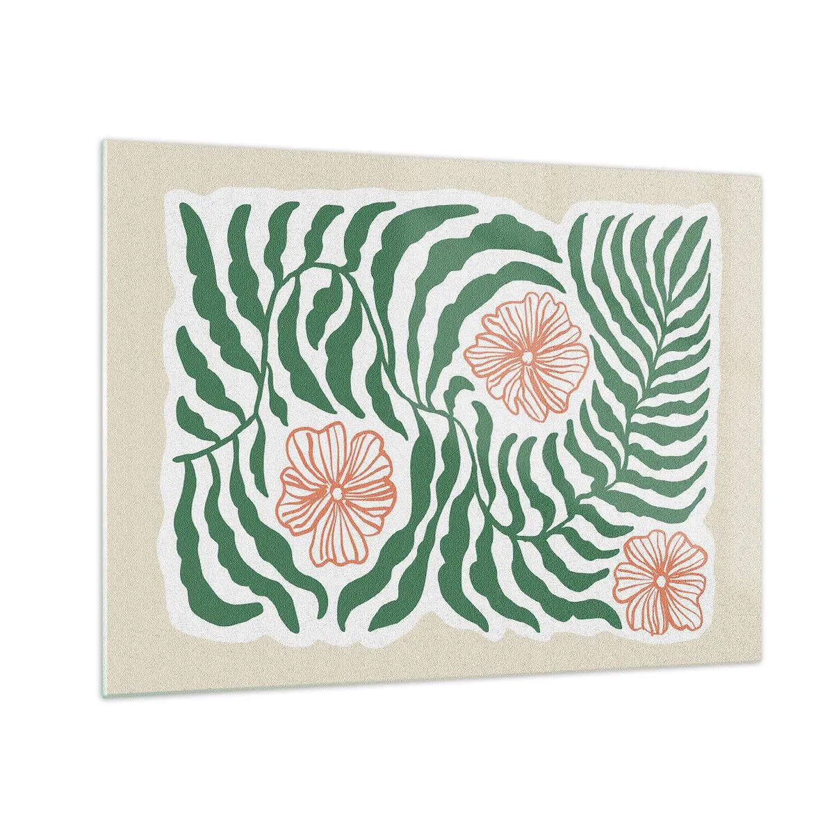 Quadro su vetro - Foglie verdi e fiori rossi in una disposizione grafica - 70x50cm - Fioritura nel verde - Decorazione murale moderna per soggiorno e camera da letto ARTTOR