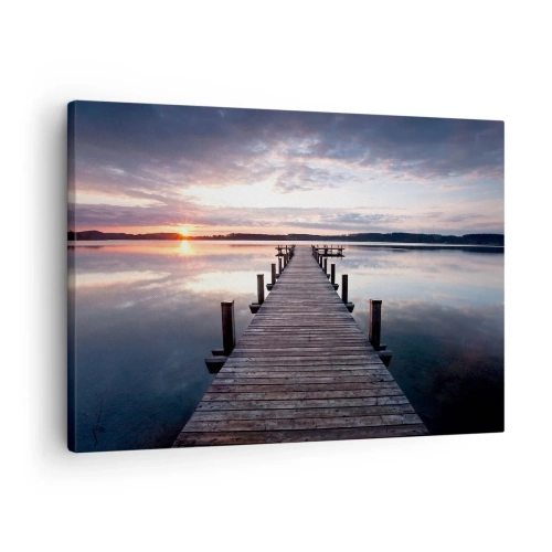 Quadro su tela - Stampe su Tela - Un molo su un lago al tramonto in un paesaggio tranquillo - 70x50cm - Il silenzioso confine del giorno e della notte - Decorazione murale moderna per soggiorno e camera da letto ARTTOR