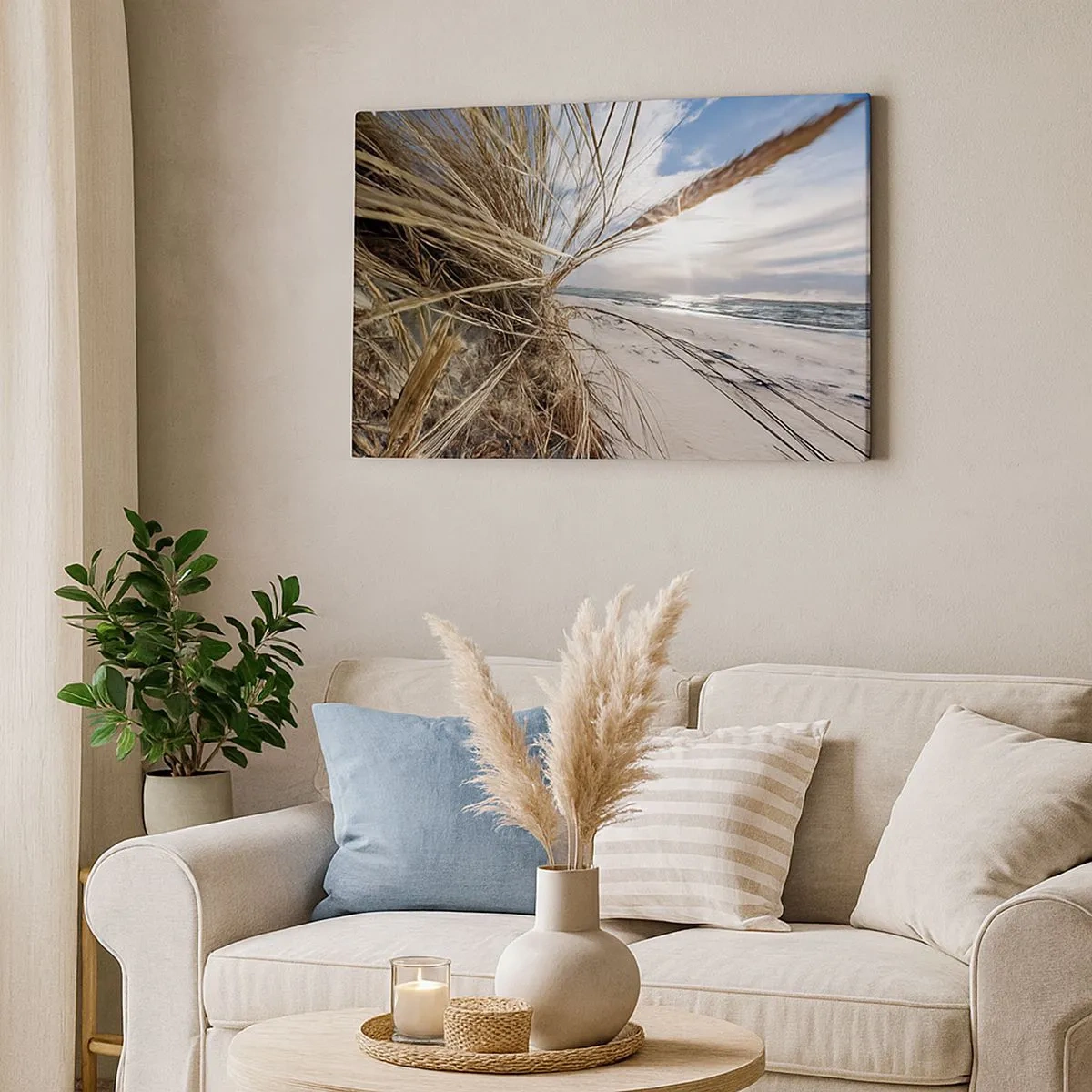 Quadro su tela - Stampe su Tela - Una spiaggia con erba secca sulle dune e vista sul mare - 70x50cm - L'incontro degli elementi - Decorazione murale moderna per soggiorno e camera da letto ARTTOR