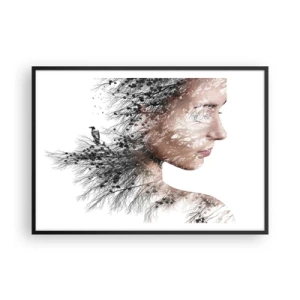 Poster in cornice nera - Silhouette di una donna con un motivo di ramo e uccello sullo sfondo - 100x70cm - Lo spirito della foresta - Decorazione murale moderna per soggiorno e camera da letto ARTTOR