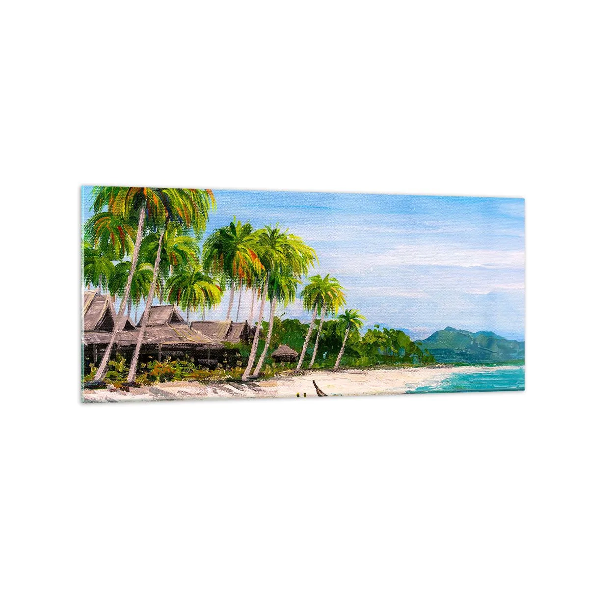 Quadro su vetro - Una spiaggia esotica con palme e una barca sulla riva - 120x50cm - Sogno esotico - Decorazione murale moderna per soggiorno e camera da letto ARTTOR