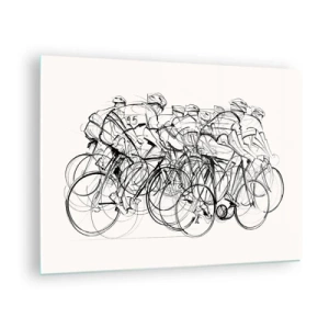 Quadro su vetro - Schizzo di un gruppo di ciclisti durante una gara su sfondo bianco - 70x50cm - Insieme - Decorazione murale moderna per soggiorno e camera da letto ARTTOR