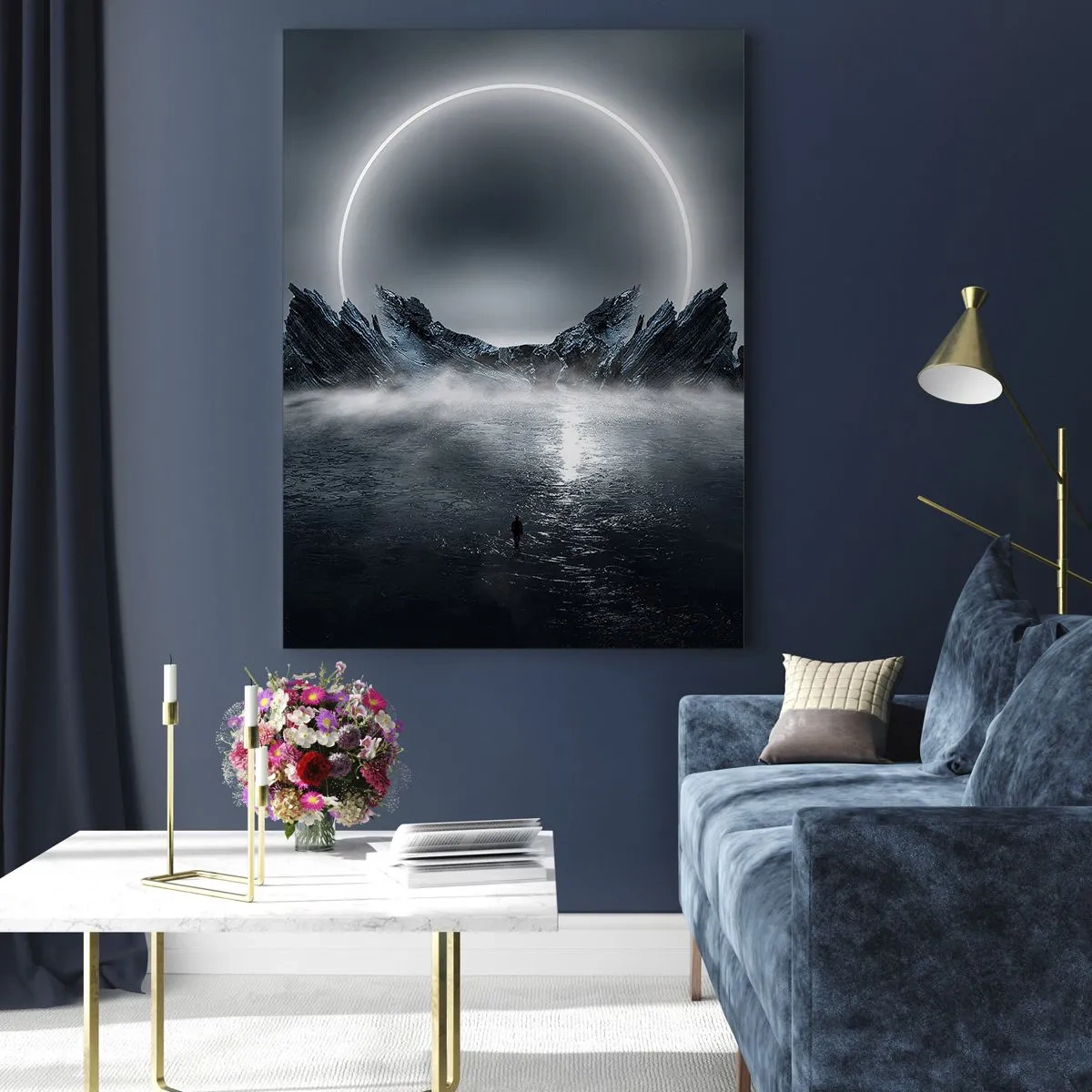 Quadro su vetro - Scena scura con eclissi e isola rocciosa - 50x70cm - La fine del racconto - Decorazione murale moderna per soggiorno e camera da letto ARTTOR