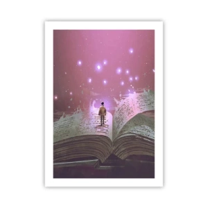 Poster - Una figura in un ambiente magico in piedi su un libro aperto - 50x70cm - Invito ad un altro mondo: leggi! - Decorazione murale moderna per soggiorno e camera da letto ARTTOR