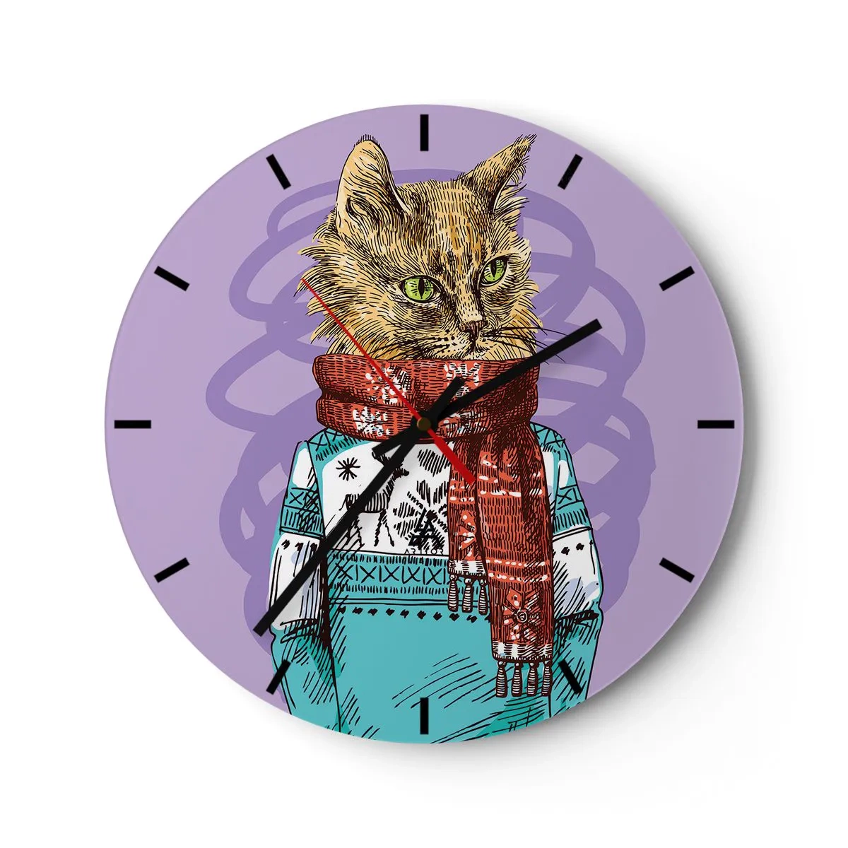Orologio da parete - Orologio in Vetro - Un gatto in un abito invernale con una sciarpa su uno sfondo viola - 30x30cm - Un gatto non solo con gli stivali - Decorazione murale moderna per soggiorno, cucina e camera da letto ARTTOR