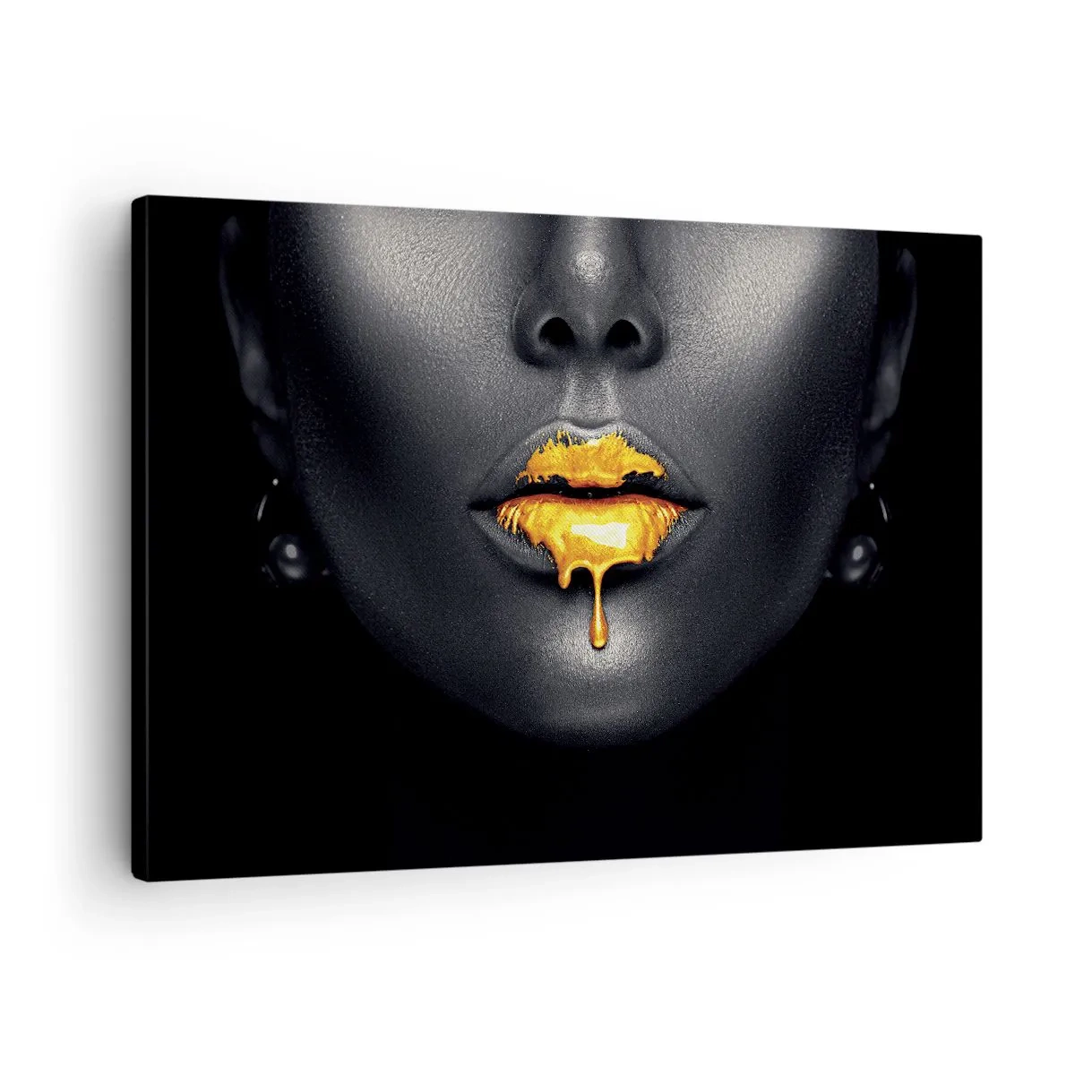Quadro su tela - Stampe su Tela - Ritratto nero e oro di una donna con una goccia d'oro sulle labbra - 70x50cm - Boccadoro - Decorazione murale moderna per soggiorno e camera da letto ARTTOR