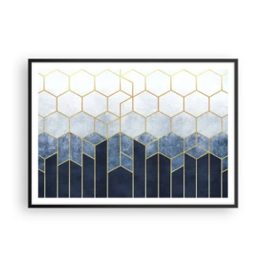 Poster in cornice nera - Motivo geometrico nei toni dell'oro e del blu navy - 100x70cm - Composizione a ritmo sincopato - Decorazione murale moderna per soggiorno e camera da letto ARTTOR