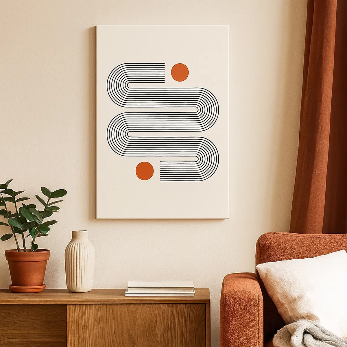 Quadro su tela - Stampe su Tela - Motivo geometrico con linee e cerchi arancioni - 50x70cm - Dall'inizio alla fine - Decorazione murale moderna per soggiorno e camera da letto ARTTOR