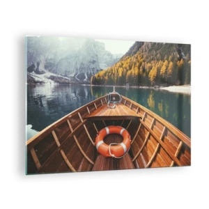 Quadro su vetro - Vista da una barca di legno di un lago di montagna e di una foresta autunnale - 70x50cm - Gita sui monti - Decorazione murale moderna per soggiorno e camera da letto ARTTOR