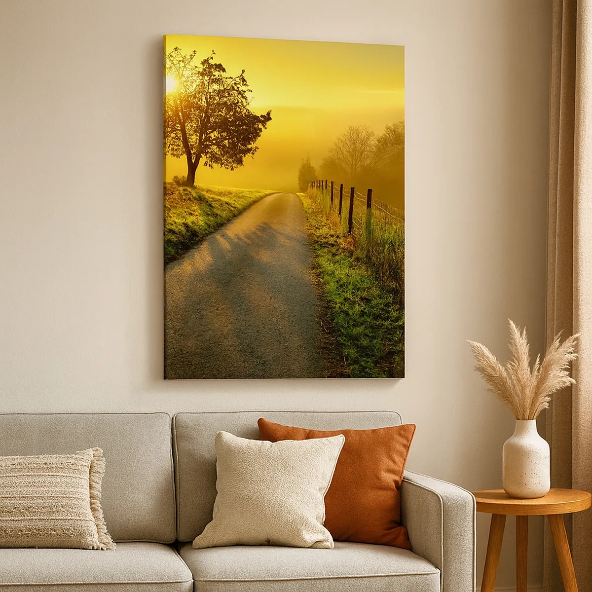 Quadro su tela - Stampe su Tela - Una strada pittoresca al tramonto con un albero solitario sullo sfondo - 50x70cm - Pomeriggio di miele - Decorazione murale moderna per soggiorno e camera da letto ARTTOR