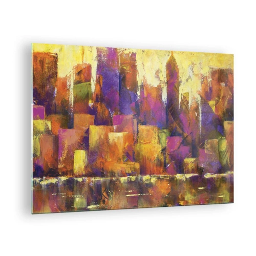 Quadro su vetro - Una metropoli astratta dai colori caldi con accenti di viola. - 70x50cm - Composizione metropolitana - Decorazione murale moderna per soggiorno e camera da letto ARTTOR