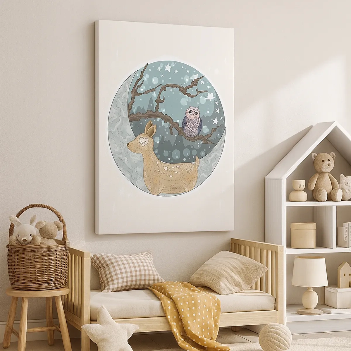 Quadro su tela - Stampe su Tela - Un cervo e un gufo in un paesaggio notturno da favola - 50x70cm - Notte fiabesca nel bosco - Decorazione murale moderna per soggiorno e camera da letto ARTTOR