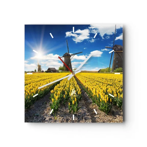 Orologio da parete - Orologio in Vetro - Un campo di tulipani gialli con mulini a vento all'orizzonte - 30x30cm - Più olandesi di così non si può - Decorazione murale moderna per soggiorno e camera da letto ARTTOR