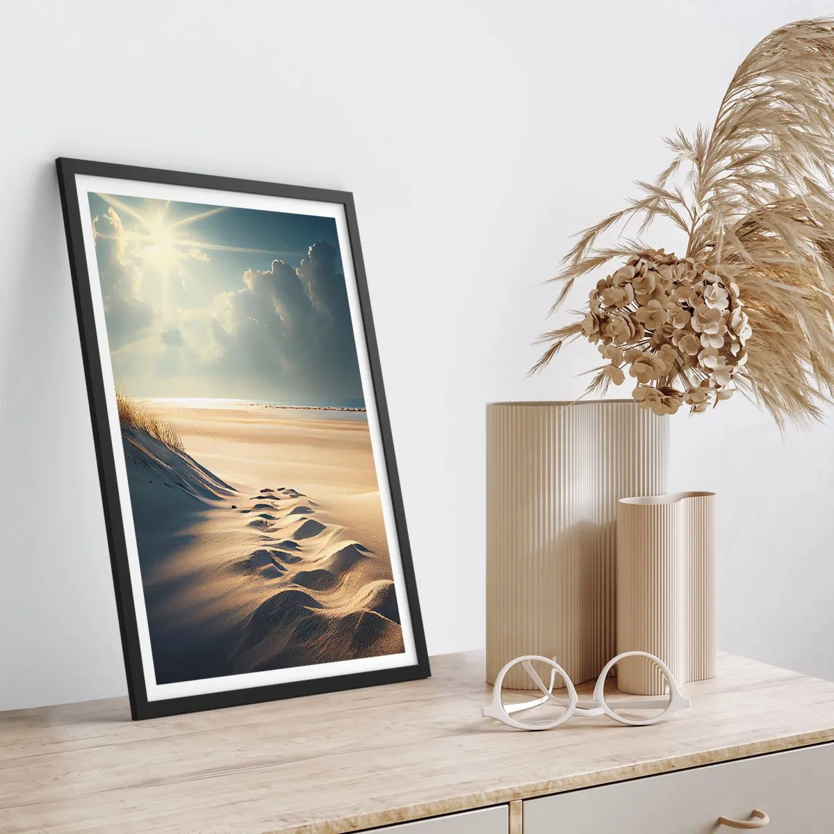 Poster in cornice nera - Dune dorate sulla spiaggia al tramonto - 50x70cm - Paesaggio rilassante - Decorazione murale moderna per soggiorno e camera da letto ARTTOR