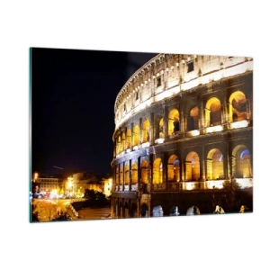 Quadro su vetro - Il Colosseo di notte con gli archi illuminati - 120x80cm - È tempo di iniziare i giochi - Decorazione murale moderna per soggiorno e camera da letto ARTTOR