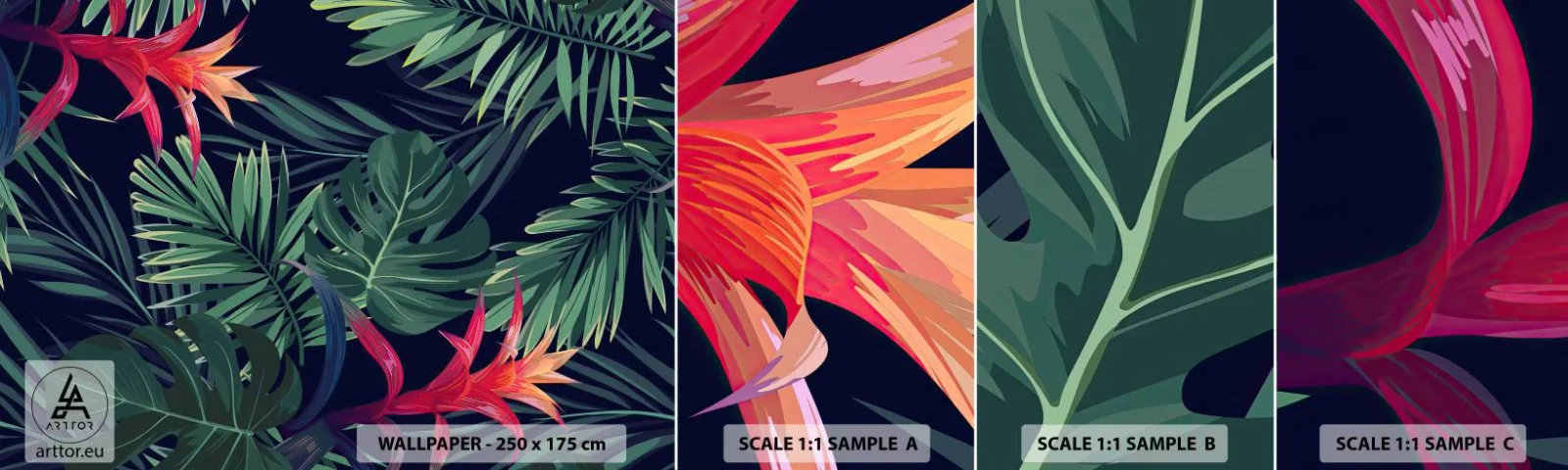 Campione di Fotomurale Adesivo Deluxe Sticker - Fiammante nel verde - Fiori, Pianta tropicale, Foglie di palma - 100x30 cm