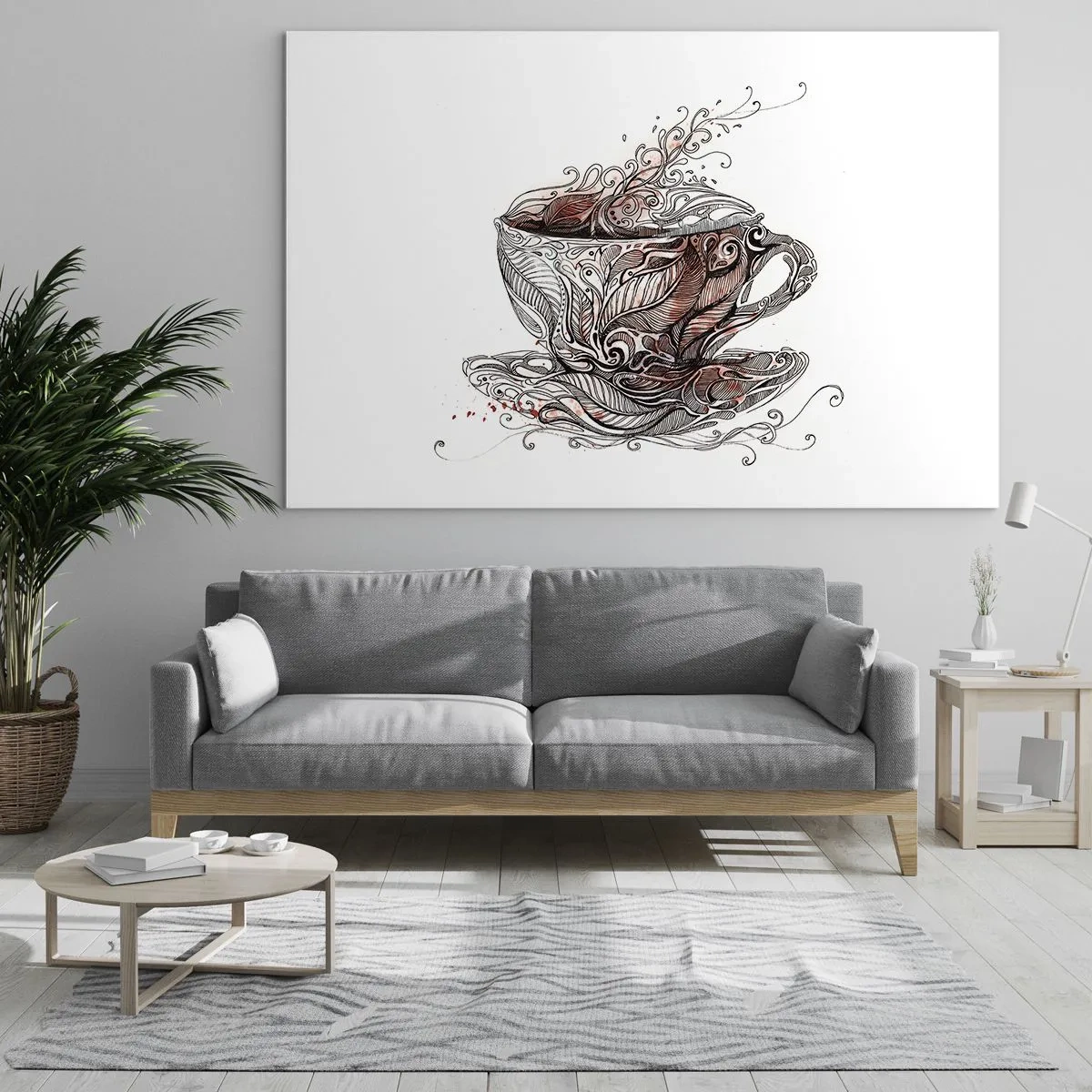 Quadro su vetro - Disegno artistico di una tazza con ornamenti e vapore - 120x80cm - Il tè fa bene a tutto - Decorazione murale moderna per soggiorno e camera da letto ARTTOR