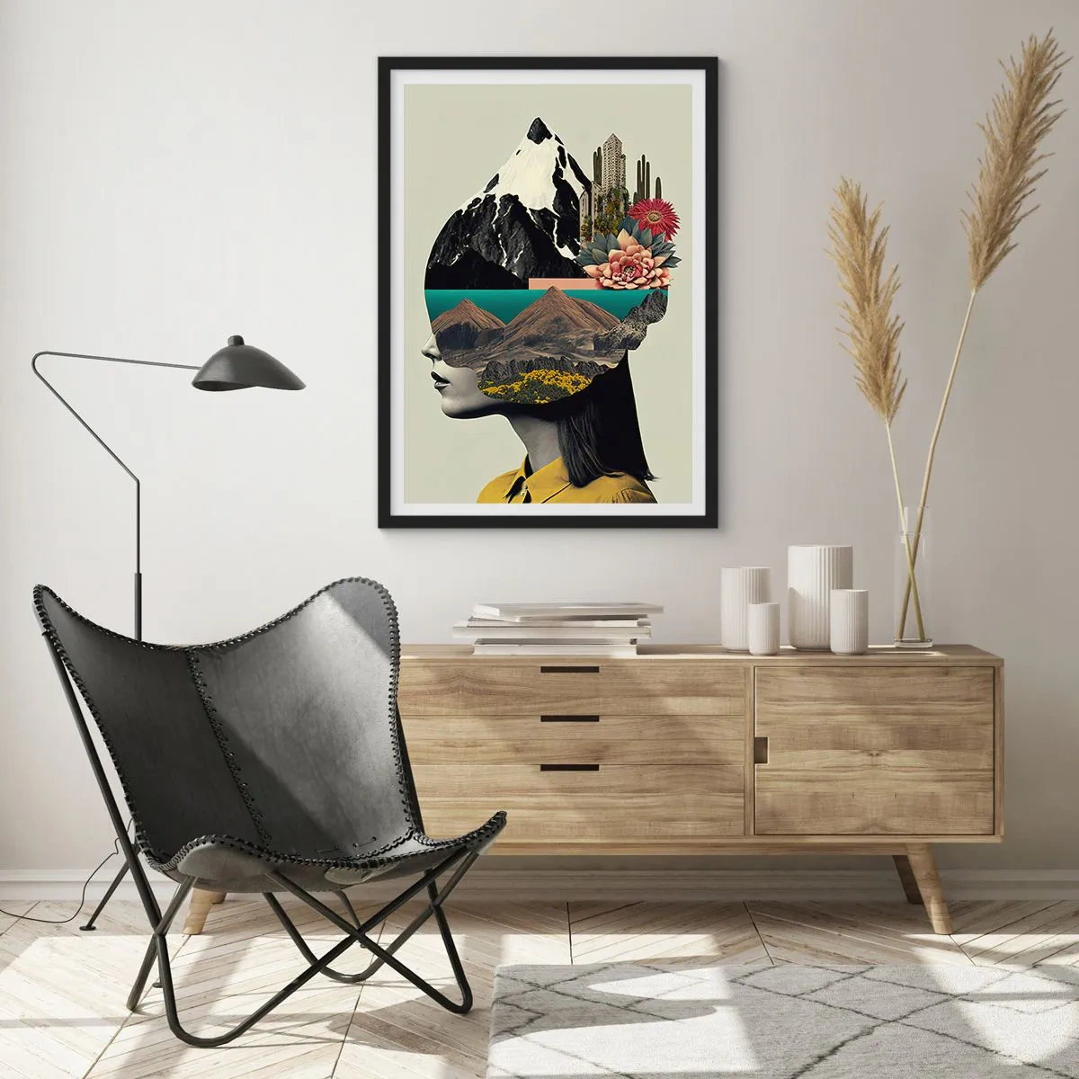 Poster in cornice nera - Una donna con un paesaggio surreale nella testa - 50x70cm - La donna è sempre un mistero - Decorazione murale moderna per soggiorno e camera da letto ARTTOR