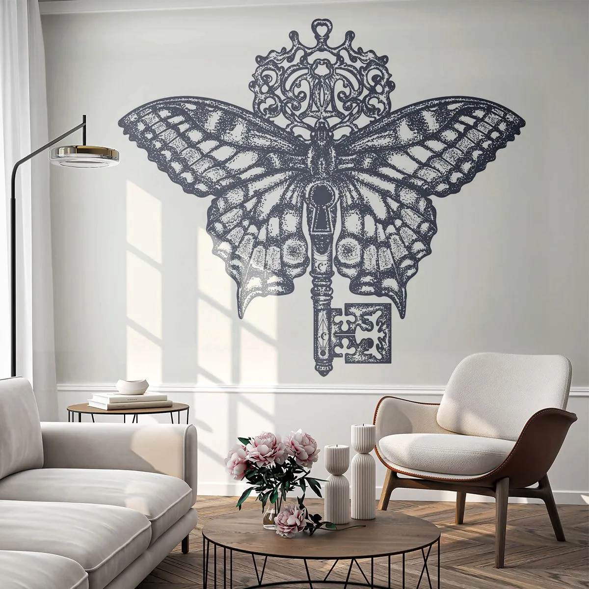 Fotomurali Premium Canvas - Elegante grafica a farfalla e chiave in stile minimalista - 100x70cm - Tutti i segreti del cuore - Decorazione murale moderna per soggiorno e camera da letto ARTTOR