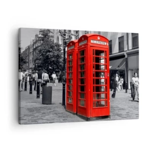 Quadro su tela - Stampe su Tela - Cabine telefoniche rosse su uno sfondo urbano bianco e nero. - 70x50cm - Cabine telefoniche rosse - Decorazione murale moderna per soggiorno e camera da letto ARTTOR